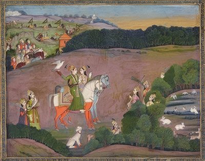 Baz Bahadur ve Rupmati şahin avında. 1735 civarında by Mir Kalan Khan