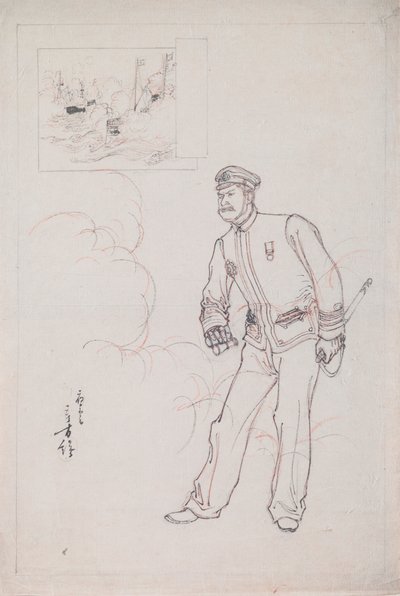 Çin-Japon Savaşı sırasında bir Japon Deniz Subayını Betimleyen Tahta Baskı için Hazırlık Çizimi by Mizuno Toshikata