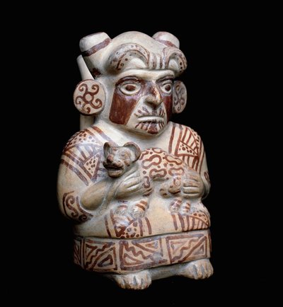 Kolomb öncesi sanat, mochica uygarlığı (çirkin, mochica): Kollarında bir kedi ile bir Mochica şefi. Antropomorfik kil vazo. 200 M.Ö.-700 AD. Lima, Ulusal Antropoloji ve Arkeoloji Müzesi, Peru by Moche Moche