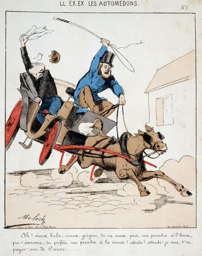 O. ESKİ. ESKİ. Motoredons: Şehirde ulaşım karikatürü. Bir arabacı, ona zamanında ödeme yapmayı reddettiği, ancak ona yarış için ödeme yapmak istediği bahanesiyle şehirde tüm hızıyla bir burjuvaya liderlik eder. Moloch