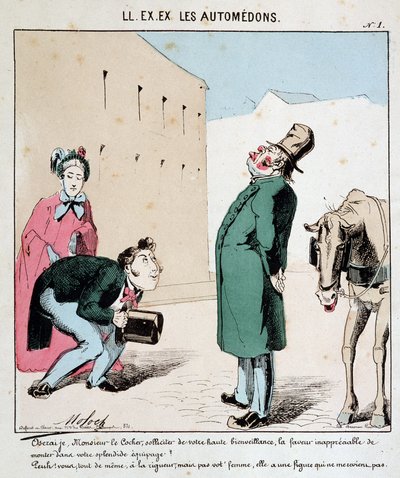 O. ESKİ. ESKİ. Motoredons: Şehirde ulaşım karikatürü. Bir adam, kendisini ve karısını taşıması için bir arabacıya yalvarır. Kibirli arabacı kadının binmesine izin vermiyor. Moloch