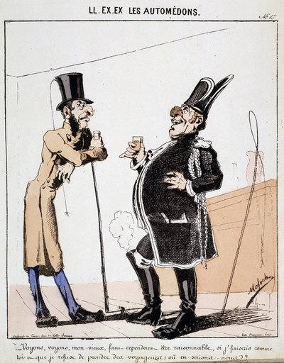 O. ESKİ. ESKİ. Motoredons: Şehirde ulaşım karikatürü. İki arabacı, yolcu almak yerine bir bardak alkol içerken konuşur. Moloch