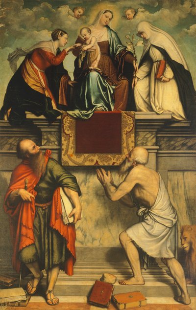 Madonna, Çocuk, Aziz Catherine, Aziz Paul ve Aziz Jerome ile tahta çıktı by Moretto da Brescia