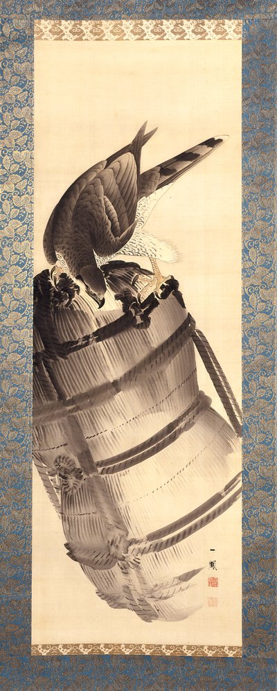Hasır Pirinç Balyasında Şahin (ipek üzerine mürekkep ve renkli) by Mori Ippo