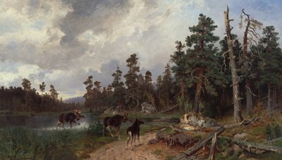 Çam ağacı ormanında geyik ve avcılar by Morten Muller