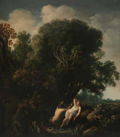 Bir Satyr Tarafından Sürpriz Tarafından Alınan Bir Banyo Perisi Banyosunda Satyr Tarafından Şaşıran Bir Peri by Moyses van Wtenbrouck
