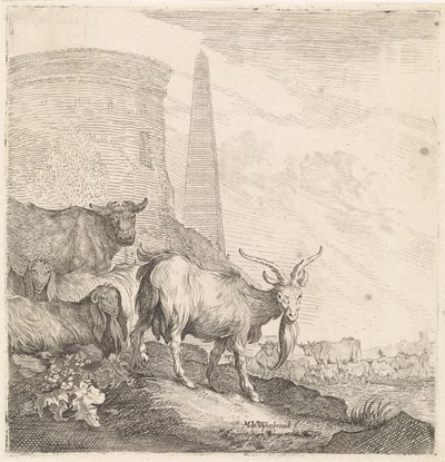 Dikilitaşlı yuvarlak bir kulenin yanında keçiler ve inekler Dört ayaklı hayvanlar (dizi adı) by Moyses van Wtenbrouck