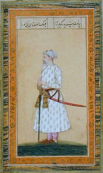 Küçük Clive Albümünden kılıç takan bir Prens (kağıt üzerinde opak sulu boya) by Mughal School