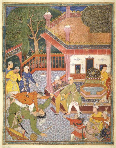Bir kahraman avluda seyirci kalabalığının önünde bir devi öldürür, Hamza Nama
