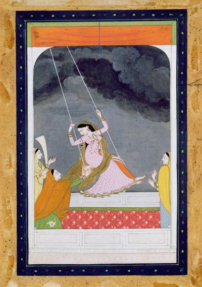 Salıncakta bir kadın, Kangra, Pencap tepeleri c.1790 (kağıt üzerinde opak wc) by Mughal School