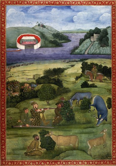 Blackbuck avlayan bir prens ve arkadaşları, c.1670-80 by Mughal School