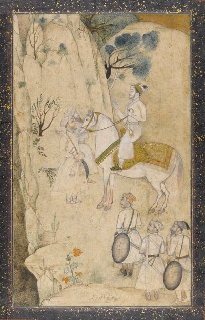 Bir şelale ile ilgili beş görevli ile at sırtında bir prens (kağıt üzerinde kalem ve mürekkep, grafit ve altın ile tuvalet) by Mughal School