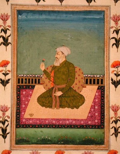 Küçük Clive Albümünden (kağıt üzerinde opak suluboya) bir çiçek tutan bir halı veya terasta oturan bir cetvel by Mughal School