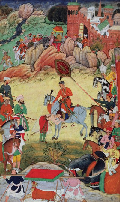 Adham Khan, 1560 veya 1561'de Orta Hindistan, Sarangpur'da Ekber'e saygılarını sunarken, Akbarnama'dan, 1590-98 by Mughal School