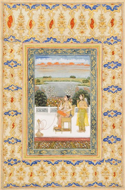 Albüm sayfası: Gulbadan Begüm terasta sigara içiyor, Delhi, 1800 dolayları by Mughal School