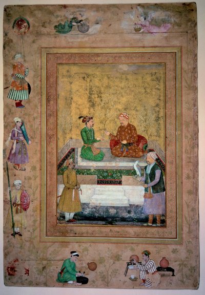Art India: Ekber (1542-1605) ve oğlu Jahangir (1569-1627). Kağıt üzerine guaş 0,213 x 0,141m. Moğol Okulu by Mughal School