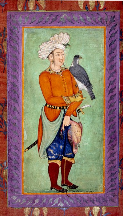 Hint sanatı: Avlanmak için bir şahin tutan, diğer yandan ölü bir av olan Özbek prensinin temsili. Bir el yazmasından Moghole döneminden suluboya by Mughal School