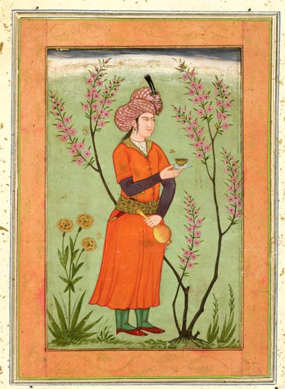 Büyük Clive Albümünden bir fincan ve şişe tutan İranlı prens figürü, yaklaşık 1640 by Mughal School