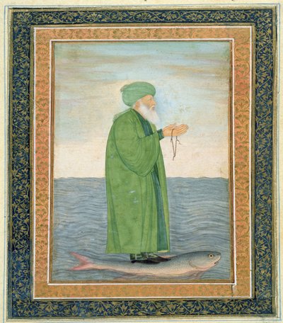 Küçük Clive Albümünden bir balığa binen Khawa Khizir Khan (kağıt üzerinde opak wc) by Mughal School