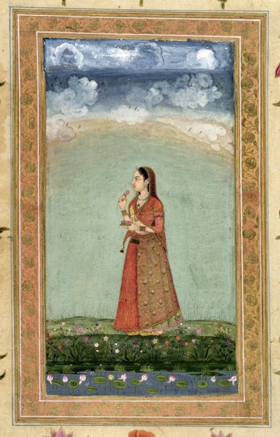 Küçük Clive Albümünden bir kase gül tutan kadın (kağıt üzerinde opak wc) by Mughal School
