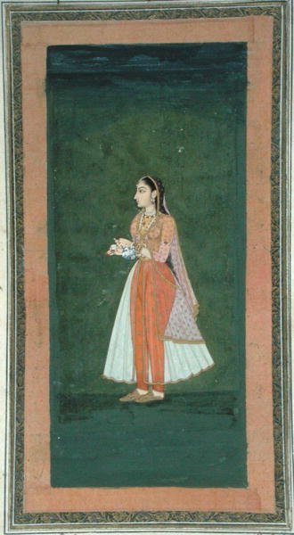Küçük Clive Albümünden (kağıt üzerinde opak sulu boya) bir şarap şişesi ve bardak tutan kadın by Mughal School