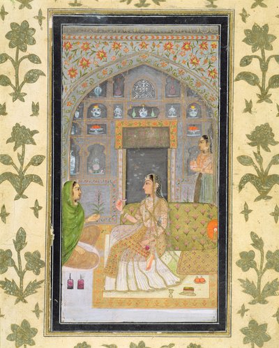Küçük Clive Albümünden (kağıt üzerinde opak wc) görevlilerle birlikte bir Pavilyonda oturan bayan by Mughal School