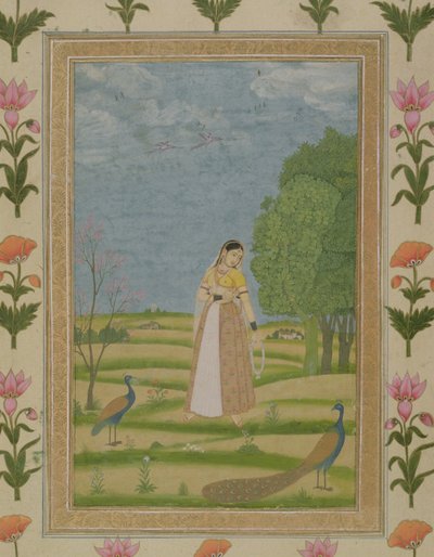 Küçük Clive Albümünden tavus kuşlu kadın (kağıt üzerinde opak wc) by Mughal School
