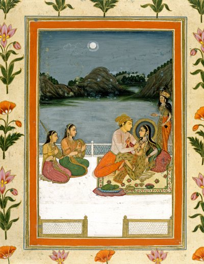 Küçük Clive Albümünden mehtaplı bir gölün yanındaki terasta aşıklar (kağıt üzerinde opak wc) by Mughal School