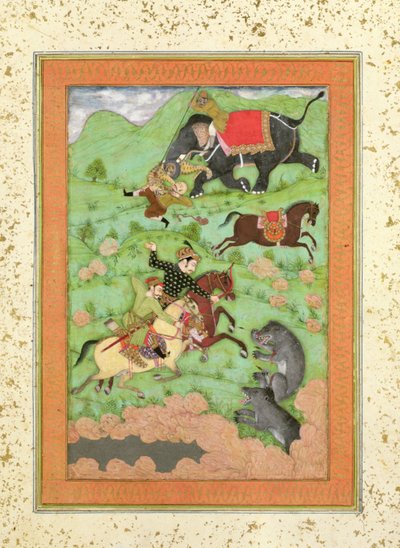Rajput prensleri ayı avlıyor; Büyük Clive Albümünden bir fil ve fili düşmüş bir atlıyı kaplandan kurtarıyor by Mughal School