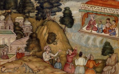 Çelenkli Verandada Oturan Bir Adam ve Ailesine Saygı Gösterilen Köylüler, 1585 dolayları by Mughal School