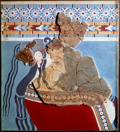 Miken sanatı: kadın büstü. Tiryns sarayından fresk parçası ve yeniden yapılanma by Mycenaean