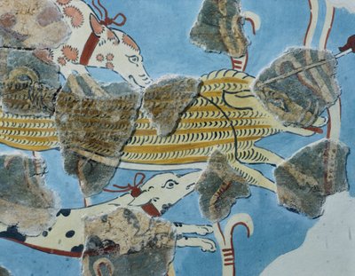 Tirinto Sarayı'ndan (Yunanistan) fresk. Detay: bir yaban domuzuna saldıran köpek grubu. Miken Uygarlığı by Mycenean