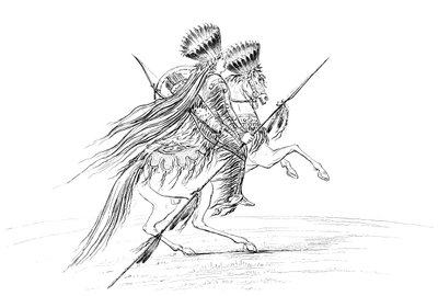 Silahlı ve başlıklı Kızılderili erkek, ata biniyor, 1841. by Myers and Co