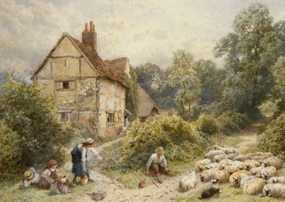 Fowl House Farm, Witley, Çocuklarla, Bir Çoban ve Yakınlarda Bir Koyun Sürüsü, by Myles Birket Foster