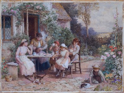 Çay saati (kart üzerinde beyaz ile yükseltilmiş kurşun kalem ve sulu boya) by Myles Birket Foster