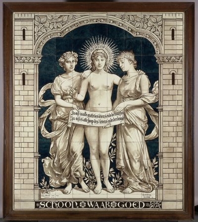 Güzelin, Doğrunun ve İyinin kişileştirilmesiyle çini panel by N.V. Haagsche Plateelfabriek Rozenburg