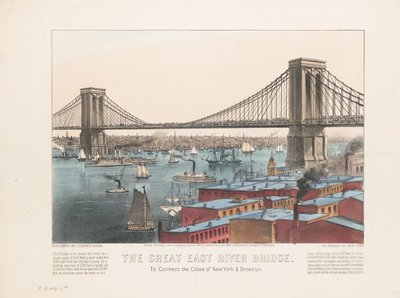 Büyük East River köprüsü: New York ve Brooklyn şehirlerini birbirine bağlamak için, 1872 dolayları by Nathaniel Currier