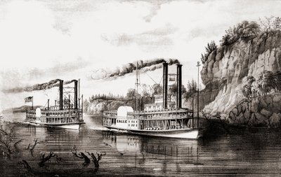 ABD, Mississippi nehri üzerinde yarışan vapurlar. by N. and Ives J.M. Currier