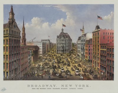 Broadway, New York Western Union telgraf binasından kuzeye bakıyor by Currier and Ives