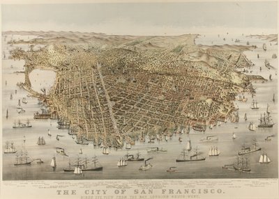 San Francisco Şehri - Körfezden kuşbakışı görünüm, güneybatıya bakıyor by Currier and Ives