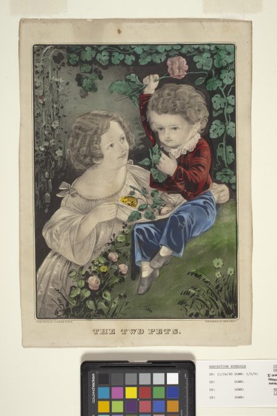 The Two Pets (elle boyanmış litografi) by N. and Ives J.M. (1824 95) Currier
