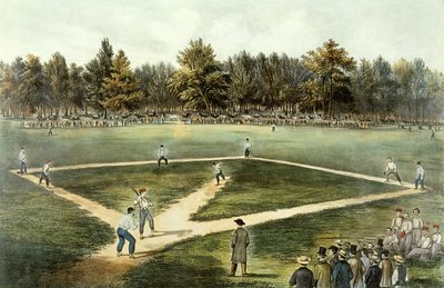 The American National Game of Baseball - Grand Match at Elysian Fields, Hoboken, NJ, 1866  (see 32902) by N. and Ives, J.M. Currier