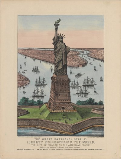 Büyük Bartholdi Heykeli – Dünyayı Aydınlatan Özgürlük, 1885 (el renginde litografi) by N. and Ives, J.M. Currier