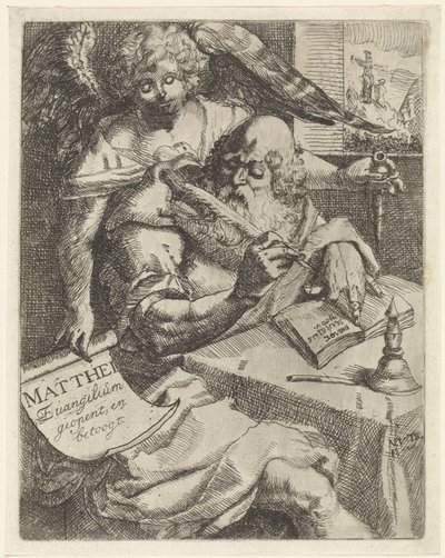 Evangelist Matta Matthei Evangelium açılır ve tartışır (nesnedeki başlık) Başlık sayfası: S. van Til, Het euangelium des H. Apostles Matthæi (...) kısa notlarla açıldı, 1687 by N. van Til
