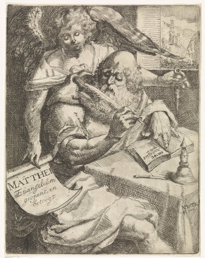 Matthew the Evangelist Matthei Evangelium açılır ve tartışır (nesne üzerindeki başlık) Başlık sayfası için: S. van Til, Het euangelium des H. Apostles Matthaei (...) kısa notlarla açıldı, 1687 by N. van Til