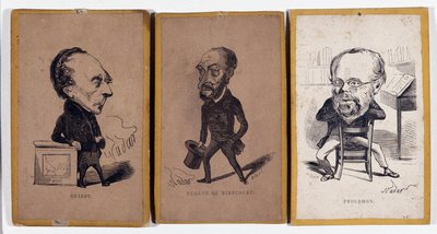 3 Portre şarjı (portre ücreti): Francois Pierre Guillaume Guizot (1787-1874), Fransız tarihçi ve politikacı, Charles Jean-Baptiste (Jean Baptiste) Jacquot dit Eugene de Mirecourt (1812-1880), Fransız gazeteci ve yazar ve Pierre -Joseph Proudhon by Nadar