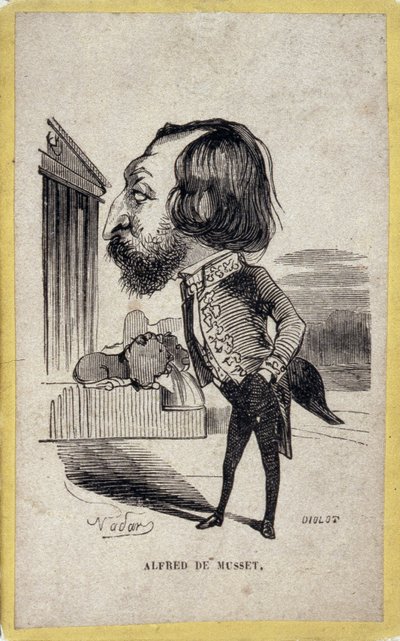 Alfred de Musset (1810-1857), Fransız şair ve oyun yazarı tarafından portre şarjı. Gaspard Felix Tournachon ve Felix Nadar (1820-1910) tarafından çizilen karikatür. by Nadar
