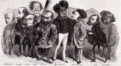 Yazarların portreleri Paul de Kock (1793-1871), Emile Augier (1820-1889), Eugene Scribe (1791-1861), Felix Nadar, Alphonse Karr (1808-1890), Alexandre Dumas pere (1802-1870) ve Alexandre Dumas Jr. (1824-1895), Joseph Mery (1798-1866) ve Leon Gozan (1803-1) by Nadar