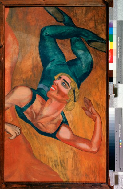 Saut (Zıplama) - Bir akrobat, havada asılı duran pozla deforme olmuş, gülen yüz, esnek vücut bir sıçrama gerçekleştirir - Resim Nadezhda Vladimirovna Lermontova (1885-1921), tuval üzerine yağlıboya by Nadezhda Vladimirovna Lermontova