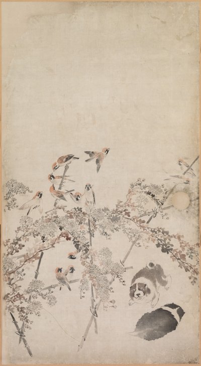 Köpek Yavruları, Serçeler ve Krizantemler by Nagasawa Rosetsu